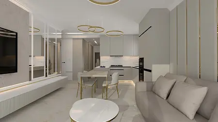 Wnętrze kuchni w stylu art deco i glamour z jasnymi meblami.
