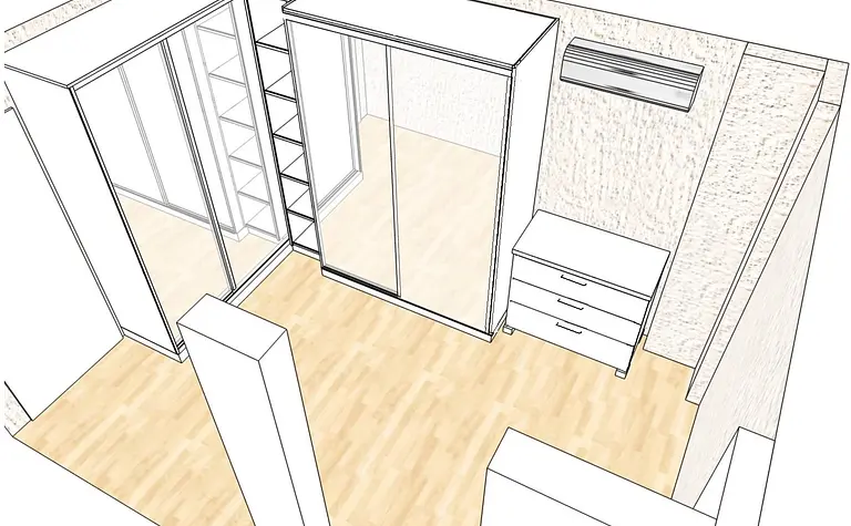 Minimalistyczna garderoba z lustrzanymi drzwiami i drewnianą podłogą.