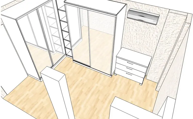 Minimalistyczna garderoba z lustrzanymi drzwiami i drewnianą podłogą.