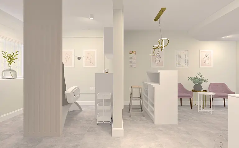 Minimalistyczne wnętrze z białymi meblami i szarymi detalami, soft minimalizm.