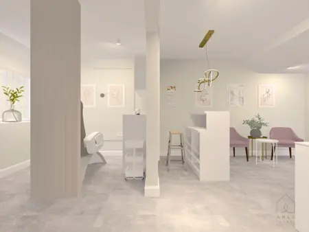 Minimalistyczne wnętrze z białymi meblami i szarymi detalami, soft minimalizm.