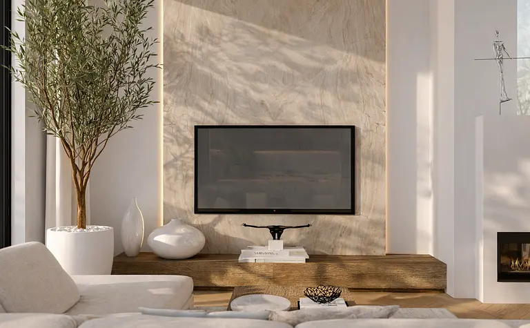 Wnętrze salonu z telewizorem, drewnianą półką i roślinnością, minimalistyczne