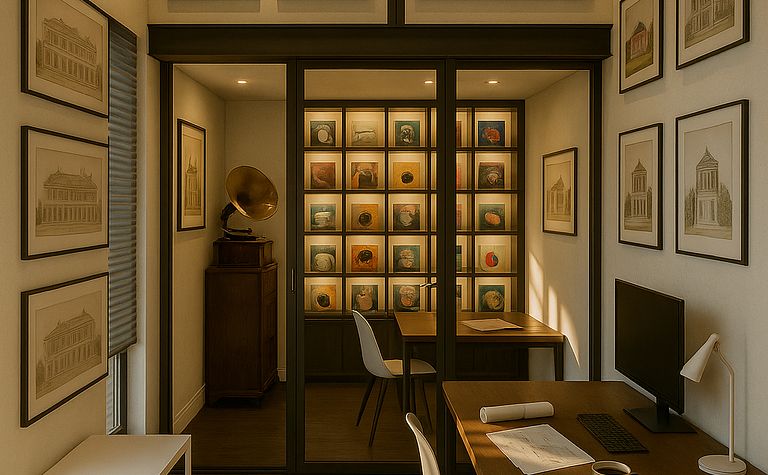 Gabinet w stylu industrialnym z drewnianym biurkiem i zdjęciami na ścianach.