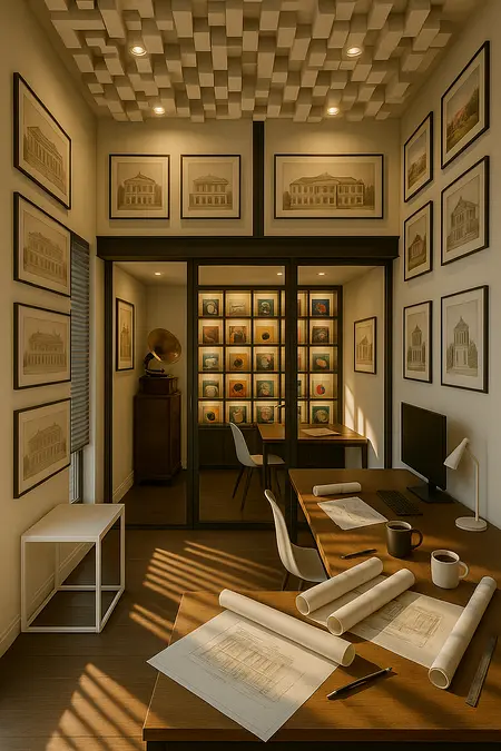 Gabinet w stylu industrialnym z drewnianym biurkiem i zdjęciami na ścianach.