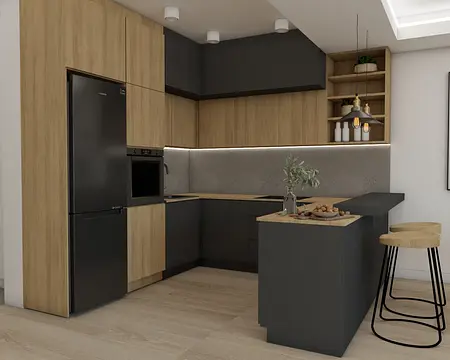 Kuchnia industrialna z minimalistycznymi meblami i nowoczesnymi akcentami.