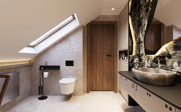 Nowoczesna łazienka z elementami minimaluxe i quiet luxury.