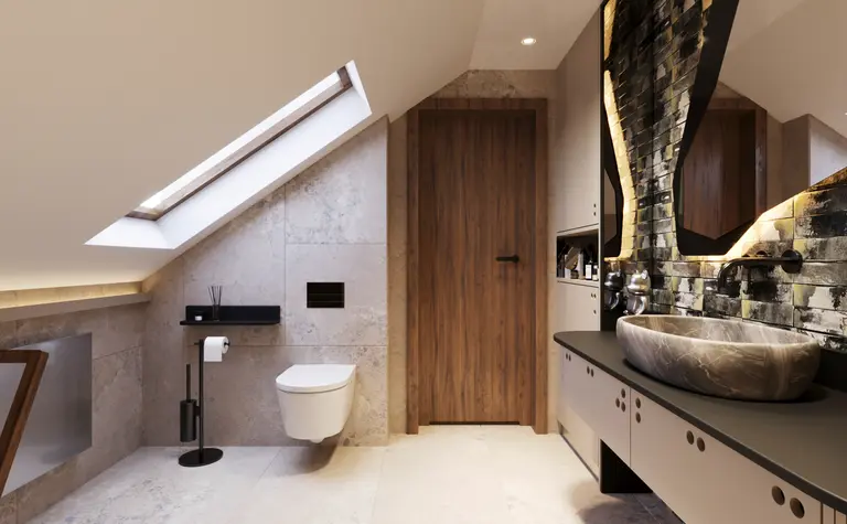 Nowoczesna łazienka z elementami minimaluxe i quiet luxury.