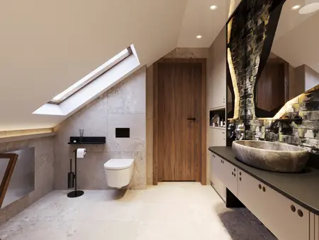 Nowoczesna łazienka z elementami minimaluxe i quiet luxury.