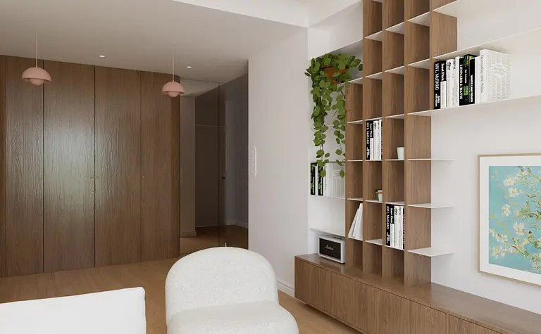 Wnętrze salonu w stylach art deco, eklektycznym, vintage, z drewnianymi meblami i roślinami.