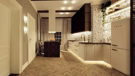 Kuchnia w stylu art deco z drewnianymi akcentami i rustykalnymi detalami