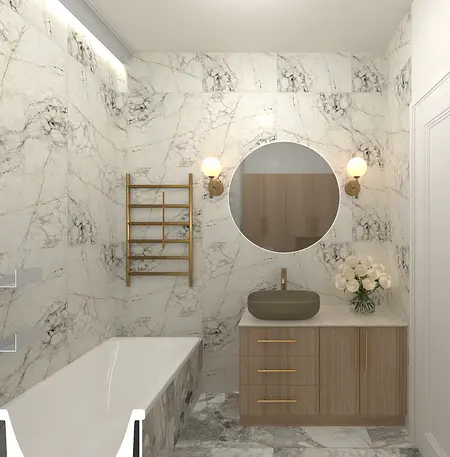 Wnętrze łazienki z marmurowymi ścianami, drewnianymi meblami, eleganckim lustrem i akcesoriami.