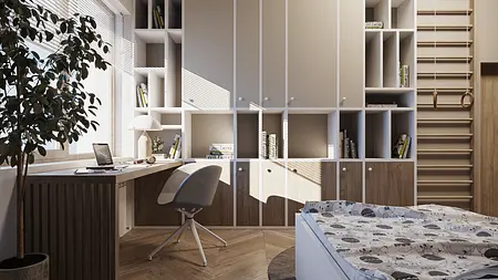 Wnętrze pokoju z biurkiem, regałem, rośliną doniczkową, nowoczesny styl