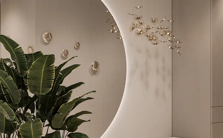 Nowoczesne wnętrze z roślinami, oświetleniem i eleganckimi detalami.