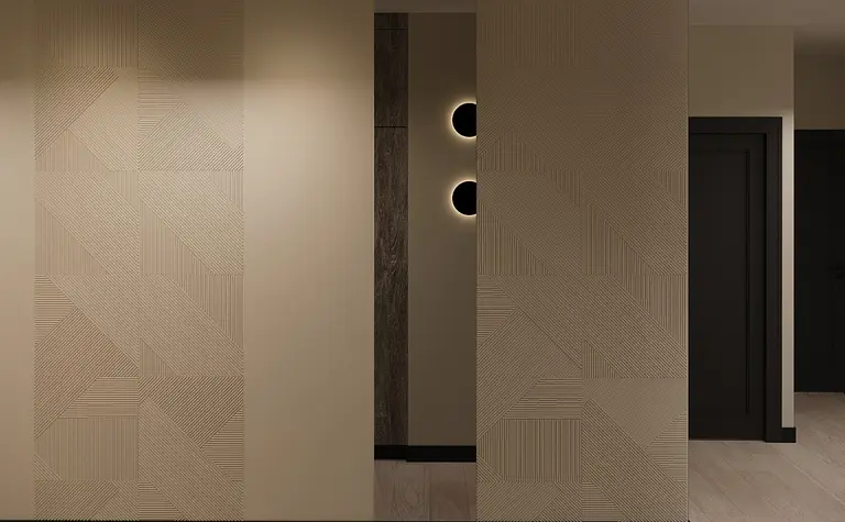 Eklektyczny przedpokój z minimalistycznymi akcentami, glamour i nowoczesnym oświetleniem.