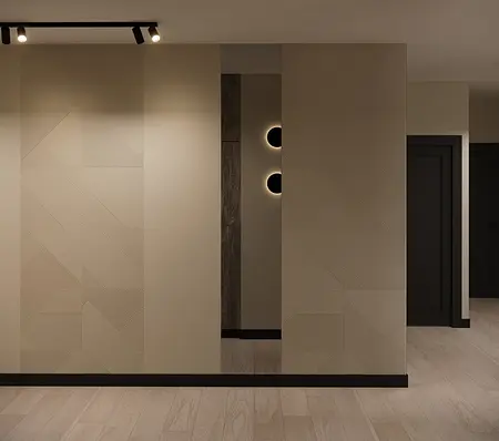 Eklektyczny przedpokój z minimalistycznymi akcentami, glamour i nowoczesnym oświetleniem.