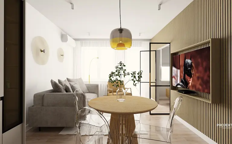 Wnętrze salonu w stylu boho i skandynawskim z jasnym oświetleniem.