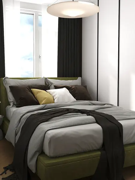 Wnętrze sypialni z zielonym łóżkiem i nowoczesnymi detalami, w stylu vintage i współczesnym.