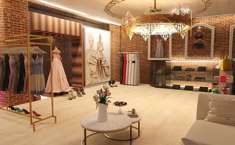 Wnętrze butiku z sukienkami na wieszakach, nowoczesnym oświetleniem i eleganckimi detalami.