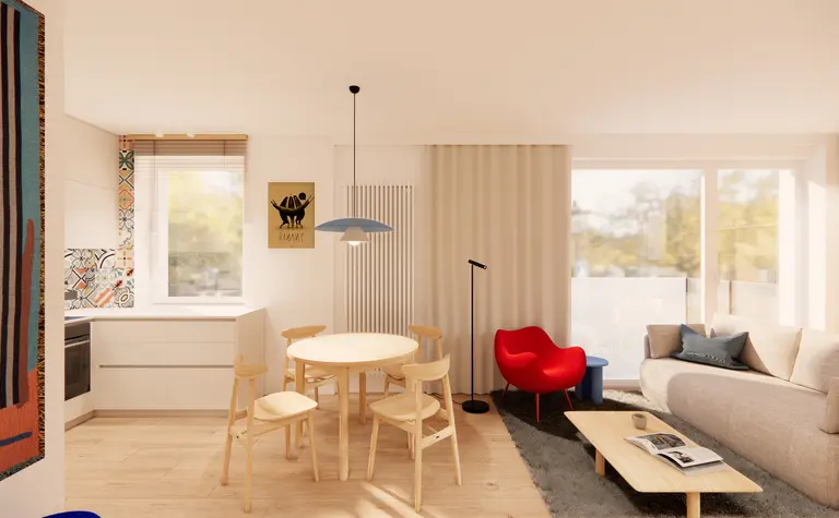 Salon w stylu eklektycznym z minimalistycznym wystrojem i nowoczesnymi meblami.