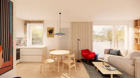 Salon w stylu eklektycznym z minimalistycznym wystrojem i nowoczesnymi meblami.
