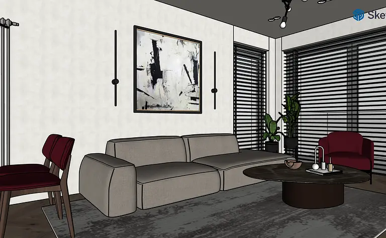 Wnętrze salonu w stylu minimalistycznym z szarym narożnikiem i dekoracjami w kolorze wina.