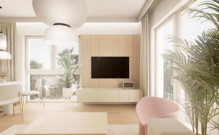 Wnętrze salonu w stylu japandi z minimalistycznymi meblami i roślinami.