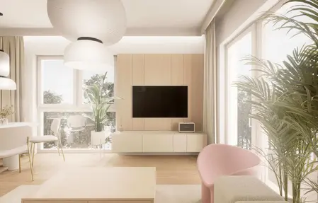 Wnętrze salonu w stylu japandi z minimalistycznymi meblami i roślinami.