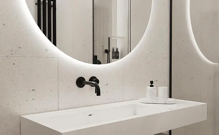 Nowoczesna łazienka w stylu japandi i minimalistycznym z dużym lustrem.