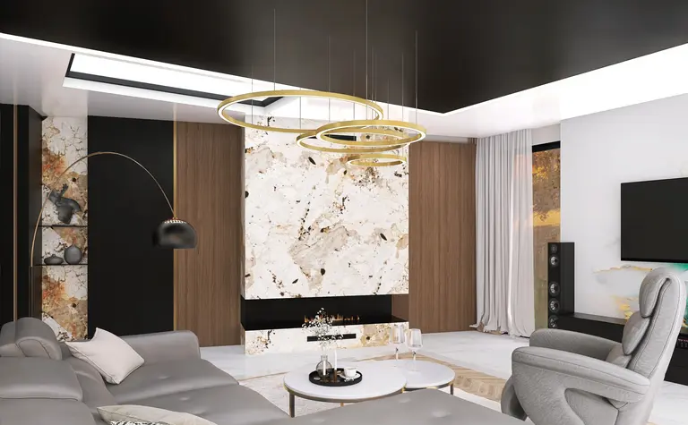 Wnętrze salonu w stylu glamour z nowoczesnym kominkiem i elementami quiet luxury.