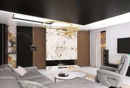 Wnętrze salonu w stylu glamour z nowoczesnym kominkiem i elementami quiet luxury.