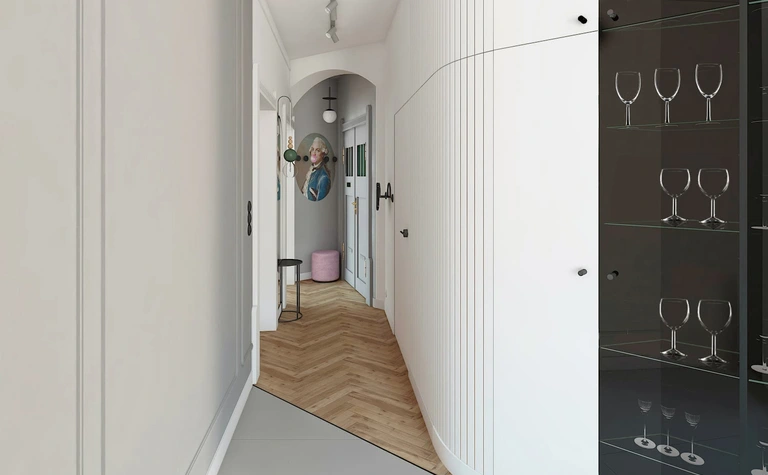 Przedpokój z białymi ścianami, drewnianą podłogą i dekoracjami dopamine decor.