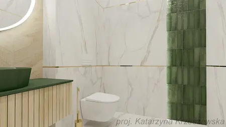 Nowoczesna łazienka z zielonym blatem, marmurowymi ścianami i złotymi akcentami.