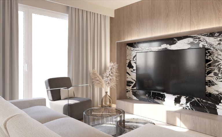 Wnętrze salonu w stylu japandi z minimalistycznymi meblami i nowoczesnym telewizorem.