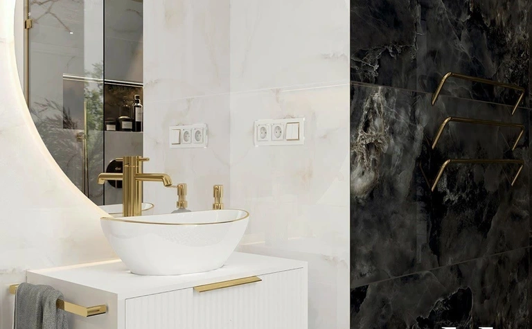 Nowoczesna łazienka z umywalką, złotymi detalami, art deco, glamour, quiet luxury