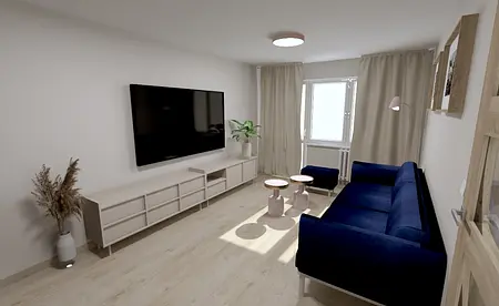 Współczesny salon z niebieską sofą, białymi meblami i telewizorem