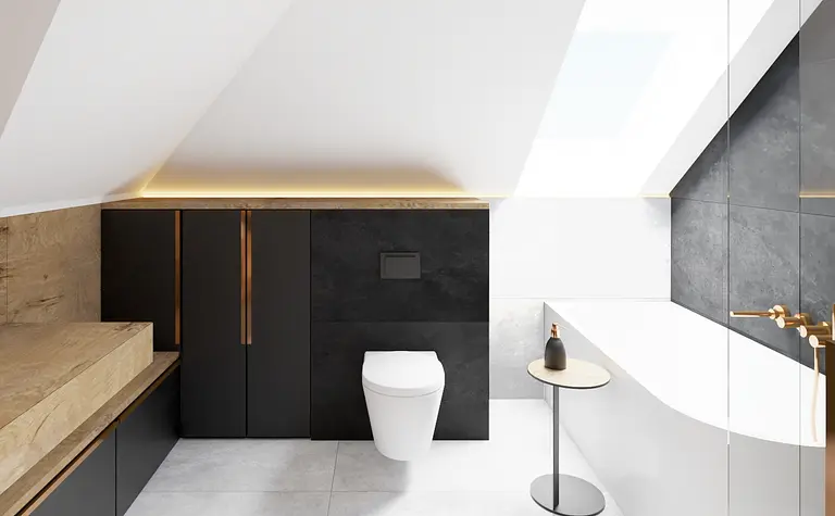 Nowoczesna łazienka z minimalistycznym designem i drewnianymi detalami.