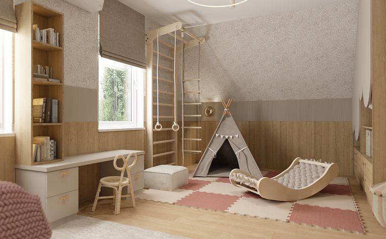 Pokój dziecięcy w stylu boho z namiotem, regałem i drewnianymi elementami.
