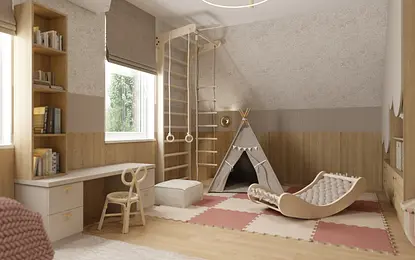 Pokój dziecięcy w stylu boho z namiotem, regałem i drewnianymi elementami.