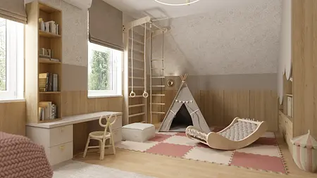 Pokój dziecięcy w stylu boho z namiotem, regałem i drewnianymi elementami.
