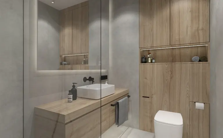 Nowoczesna łazienka w stylu japandi z drewnianymi elementami i minimalistycznym designem.