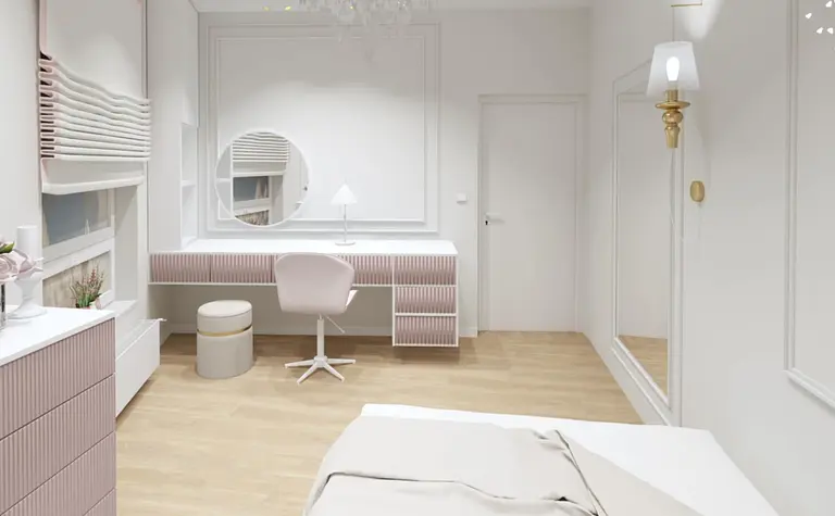 Wnętrze pokoju z białą toaletką, różowymi detalami, nowoczesny i skandynawski projekt.