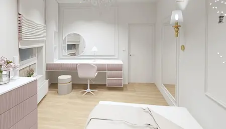 Wnętrze pokoju z białą toaletką, różowymi detalami, nowoczesny i skandynawski projekt.