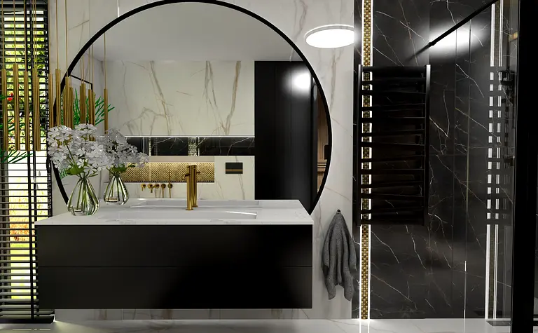 Wnętrze łazienki z czarną armaturą i złotymi detalami, styl glamour i nowoczesny.