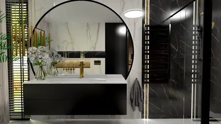 Wnętrze łazienki z czarną armaturą i złotymi detalami, styl glamour i nowoczesny.