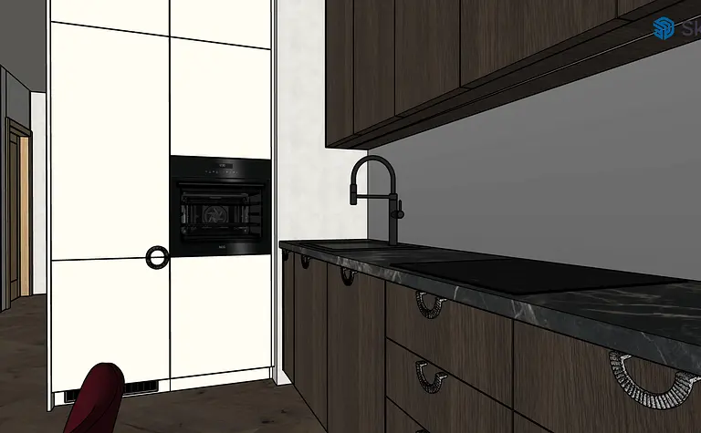 Nowoczesna kuchnia w minimalistycznym stylu z drewnianymi meblami i czarnym blatem.