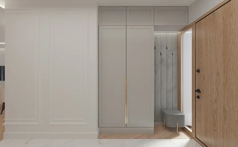 Nowoczesny przedpokój z szarymi meblami i drewnianymi elementami w stylu dopamine decor.