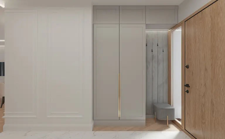 Nowoczesny przedpokój z szarymi meblami i drewnianymi elementami w stylu dopamine decor.