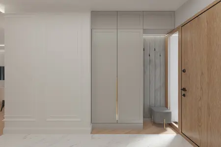 Nowoczesny przedpokój z szarymi meblami i drewnianymi elementami w stylu dopamine decor.
