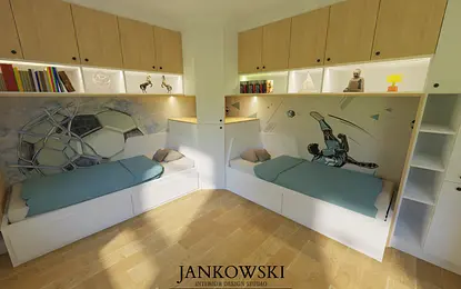 Pokój dziecięcy z łóżkami, regałem i sportowymi motywami, industrialny, minimalistyczny, nowoczesny, rustykalny, skandynawski.
