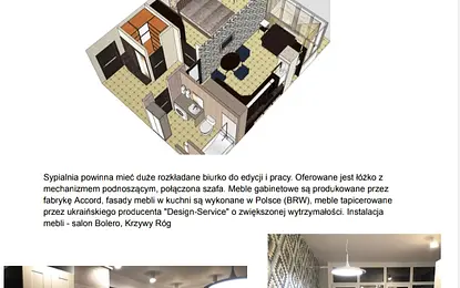 Widok jednopokojowego mieszkania z kuchnią i salonem, nowoczesne meble i przestrzeń mieszkalna.